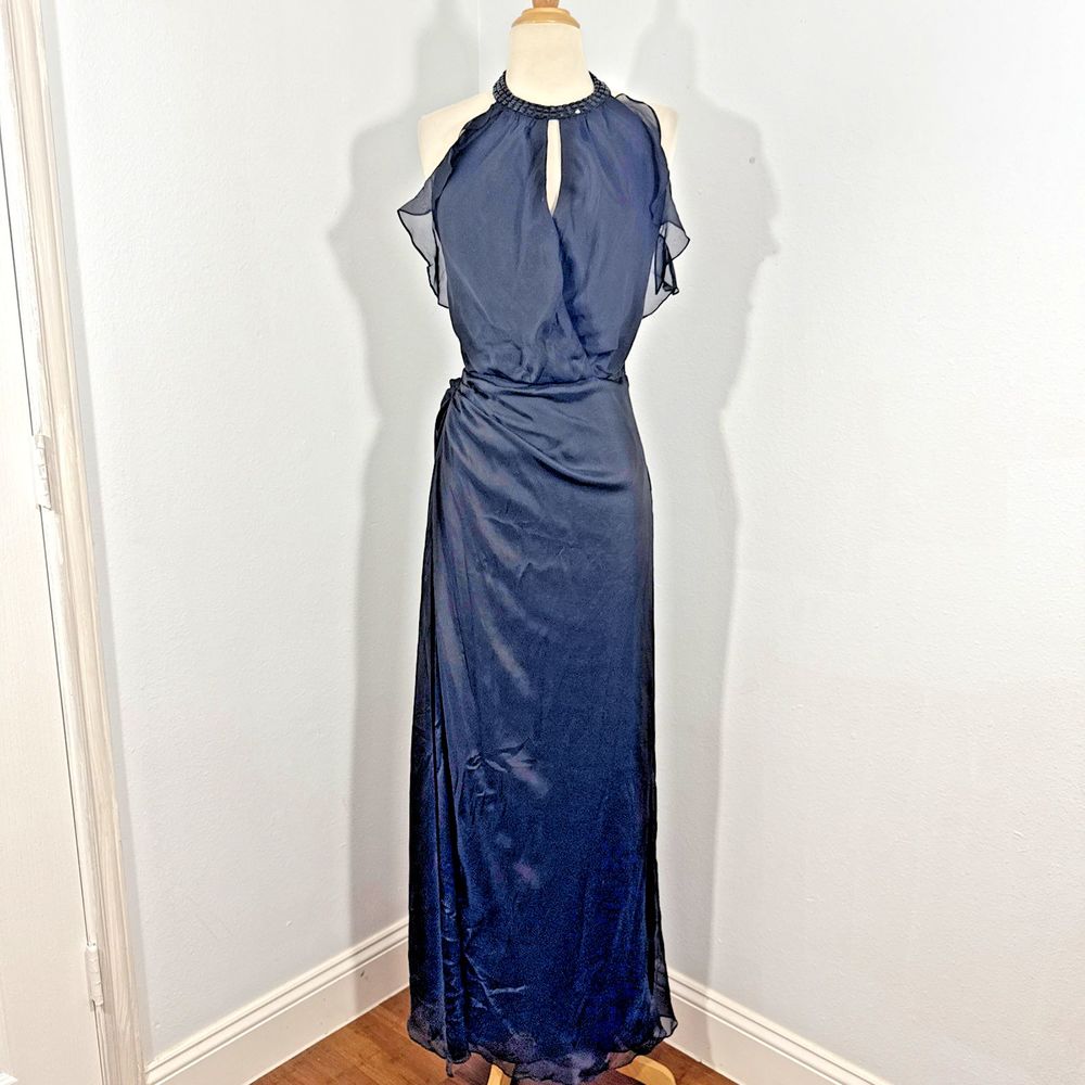 Carmen Marc Valvo Dress Womens 2 Silk Black Halter Ruffle Evening Hoco Y2K